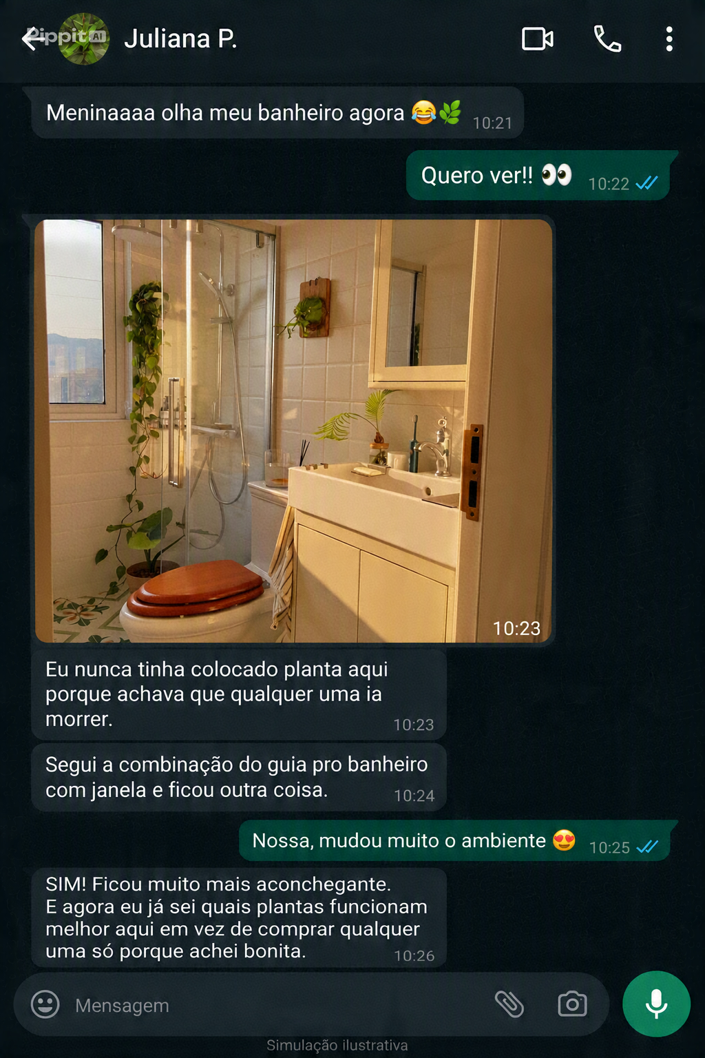Depoimento de Juliana P. sobre as plantas no banheiro